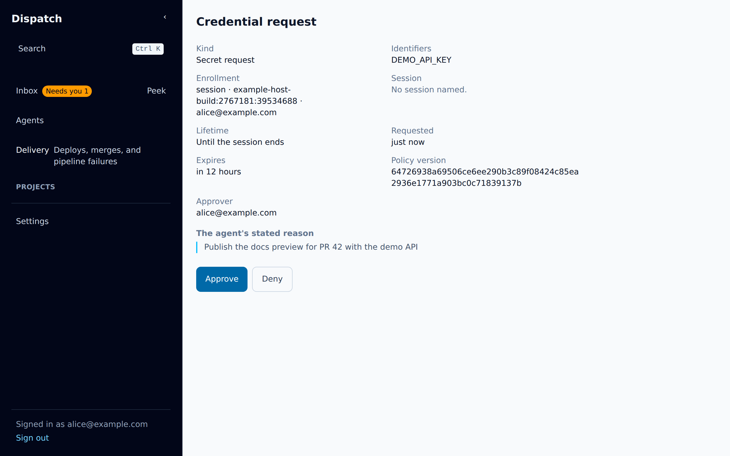A credential request for DEMO_API_KEY: the enrollment, a session on example-host-build, a lifetime of Until the session ends, approver alice@example.com, the agent’s stated reason, and Approve and Deny buttons