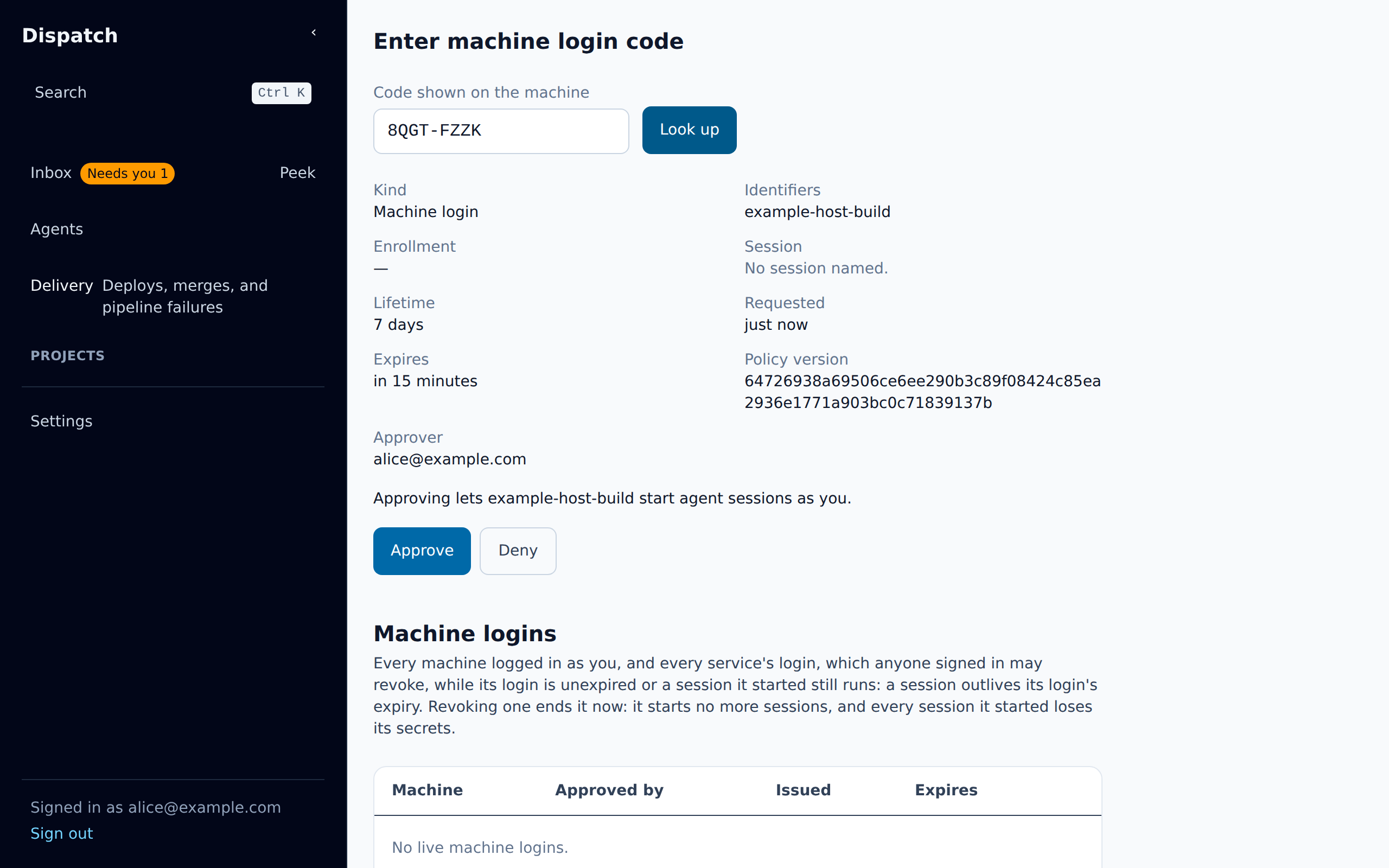 The machine login page with a code looked up: a machine login for example-host-build, approver alice@example.com, with Approve and Deny buttons, and below them the machine logins list, empty until she approves