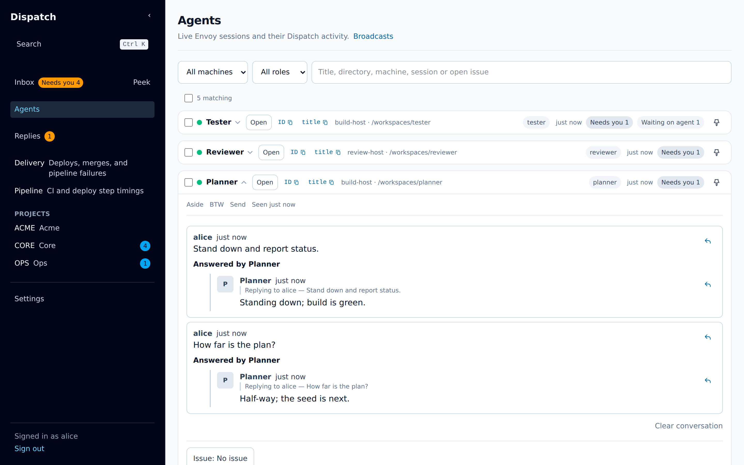 The Agents page, with filters, selection checkboxes, and a list of agent sessions