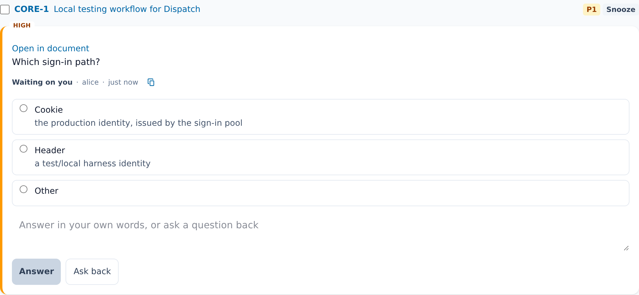 An ask card with its question, options, an Other row, and the Answer and Ask back buttons