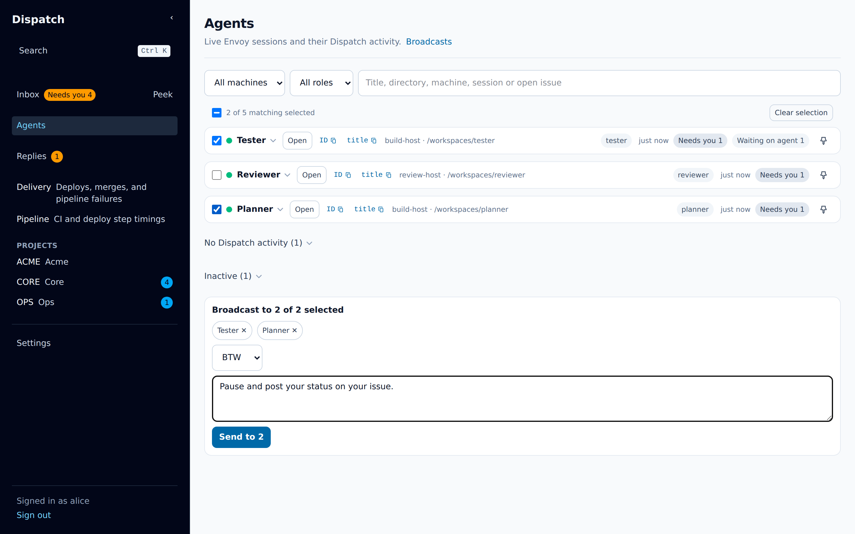 A broadcast page listing each recipient, its delivery state, and its reply