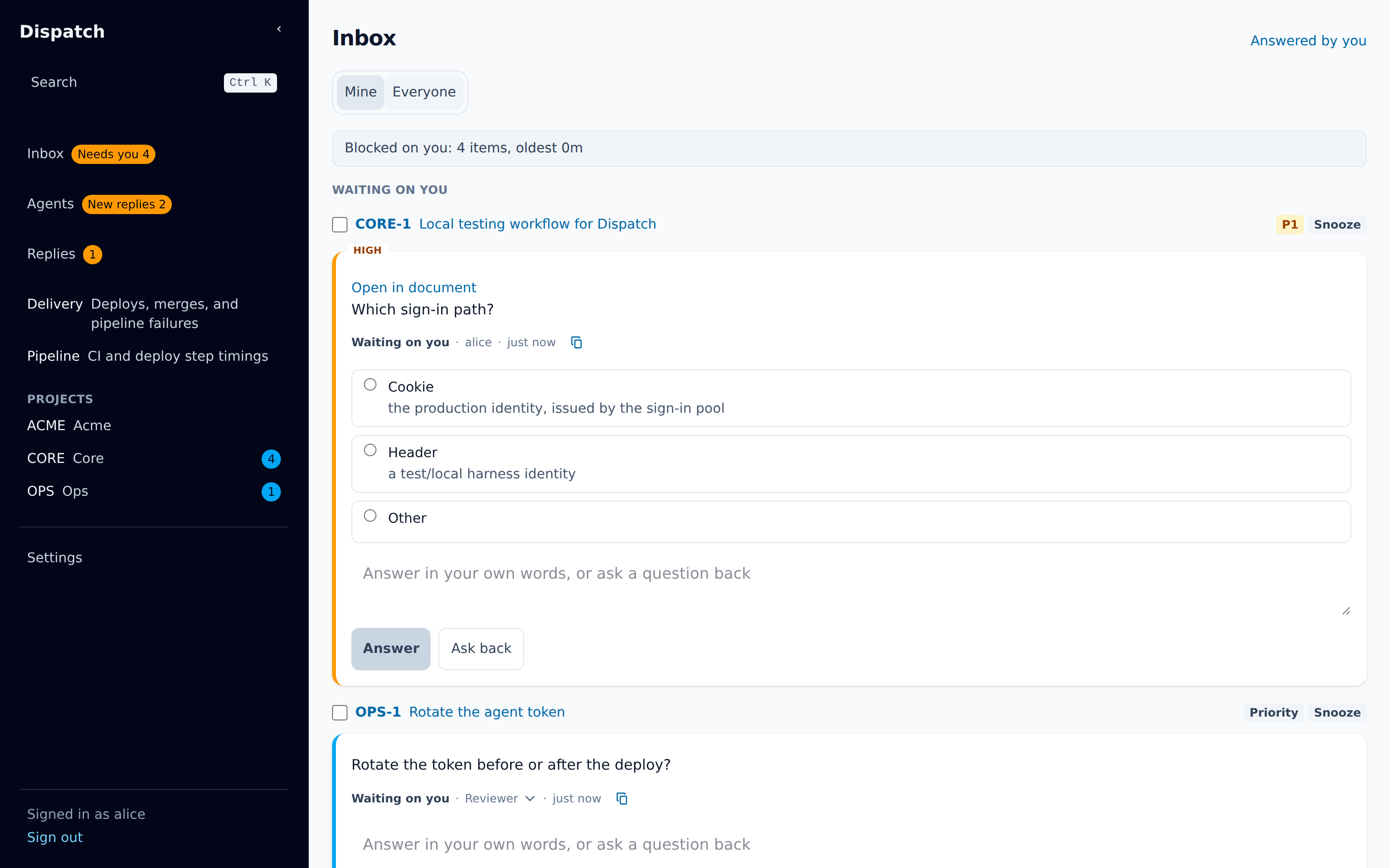 The Inbox with its two sections, the Mine and Everyone switch, and the Blocked on you banner