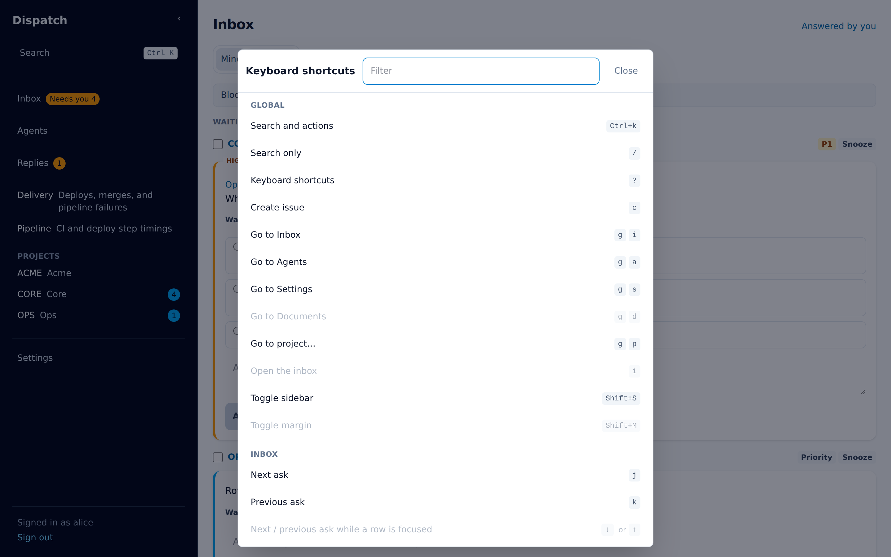 The Keyboard shortcuts help, grouped by page