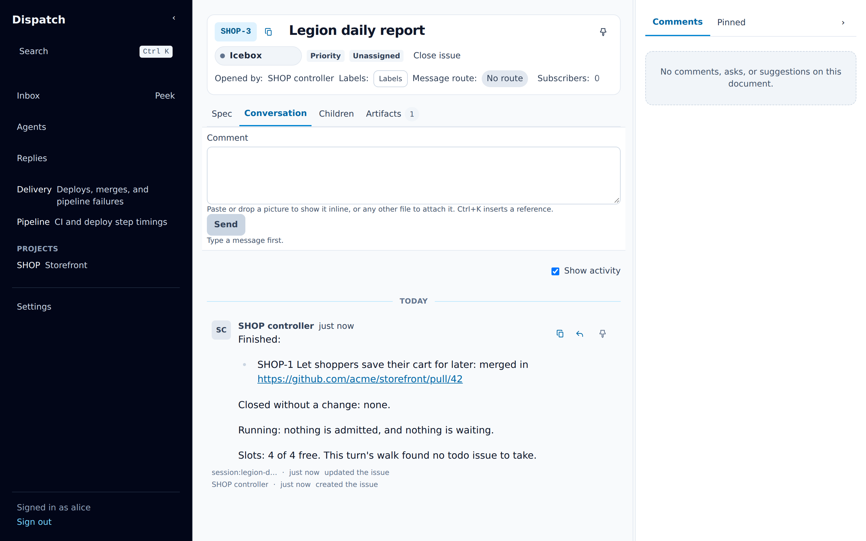 The project’s Legion daily report issue, parked in Icebox, with the controller’s report for the day: the issue Legion finished and its pull request, nothing running, and the free slots.