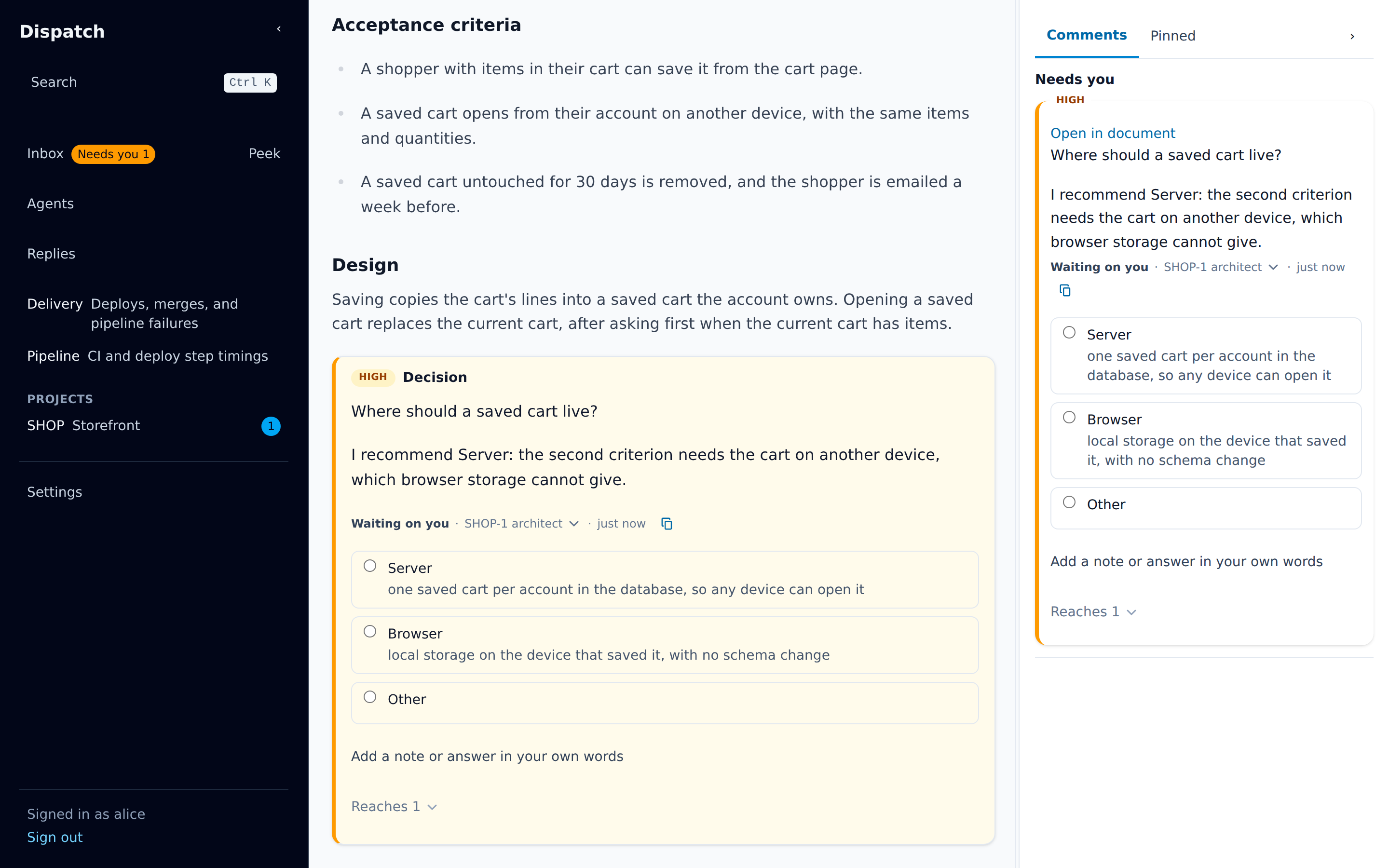 The spec’s design with an open decision block: the architect’s question, its recommendation, and two options to answer.