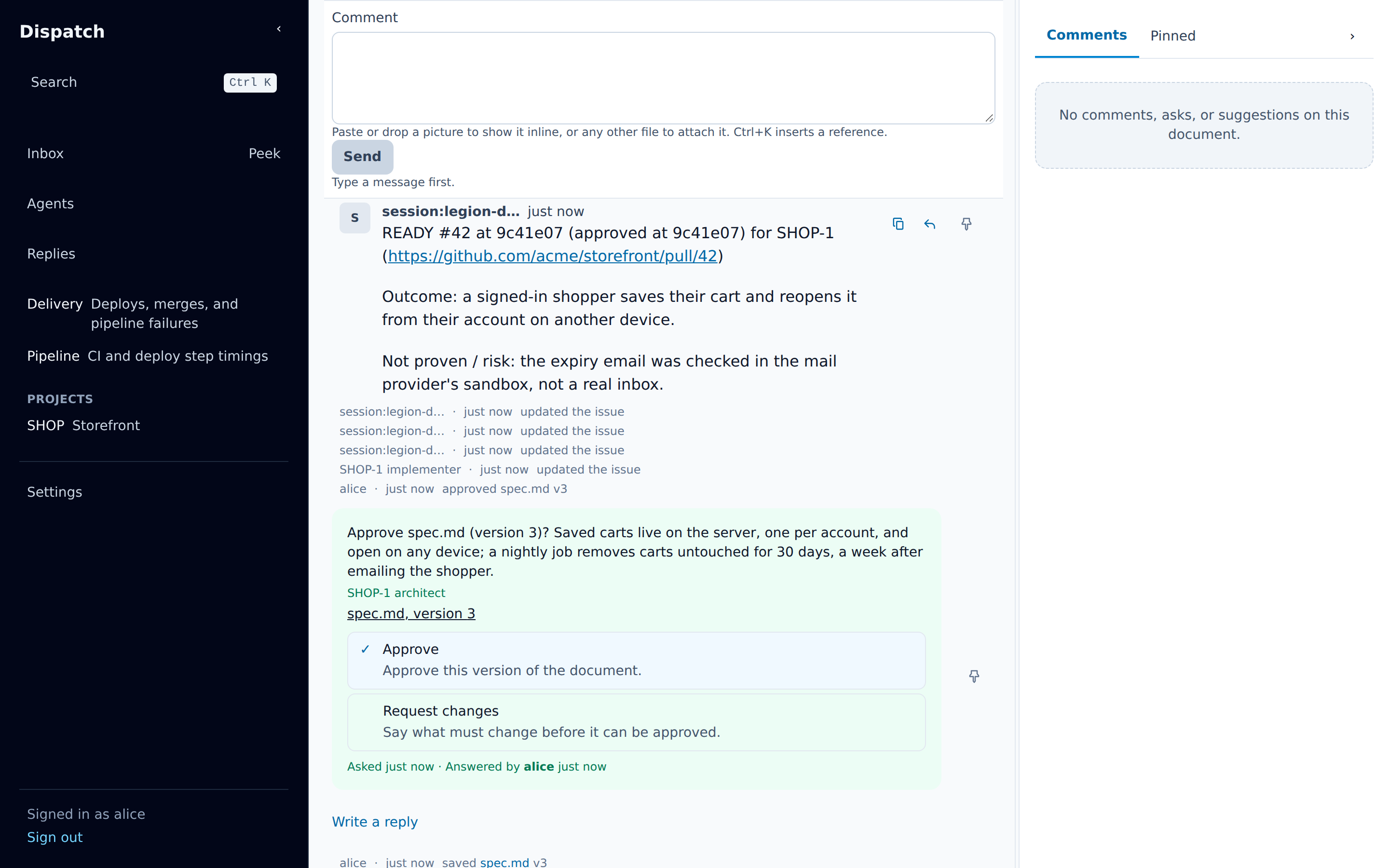 The READY message on the issue: the pull request, its head and the approved commit, then the outcome and the risk.