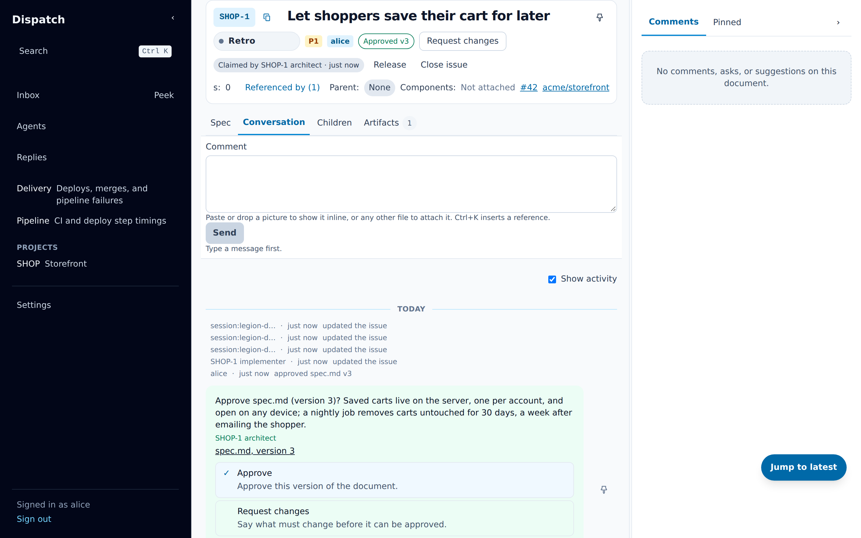 The issue after the phases ran: Retro in its header beside the pull request link, #42, and its activity newest first: three updates from the Legion daemon’s session, one from the implementer, and alice’s approval of the spec.